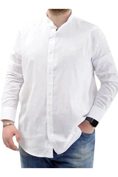 cusseli Büyük Beden Erkek Gömlek Uzun Kol Likralı Keten Gömlek 20385 Beyaz