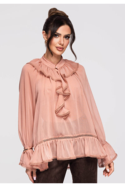 OMBRE Women's Elegant Blouse Ruffles OW-TS-E0005 Dark pink