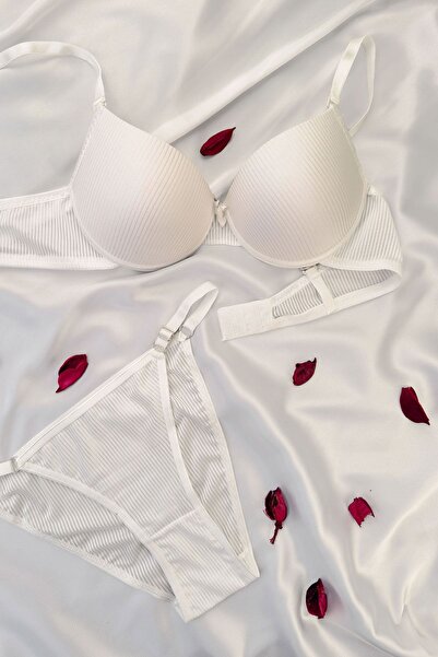 DNR İç Giyim Unpadded Striped Bra Set Ecru