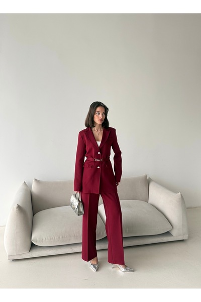 Female Clothing Kelepçe Kemer Detay Blazer Ceket Bol Paça Pantolon Takım