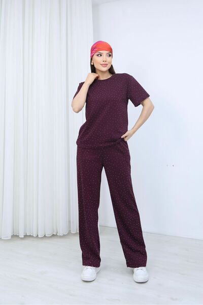 Mazelf Baby&Kids Wear Women's Crew Neck Stone Detailed Pocketed Shiny Double Set