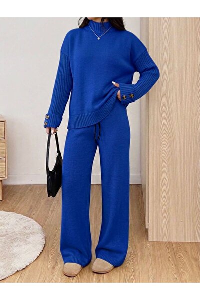 NEWC Women's Button Detailed Sweater Loose-Legged Pants Bottom Top Double Kni...