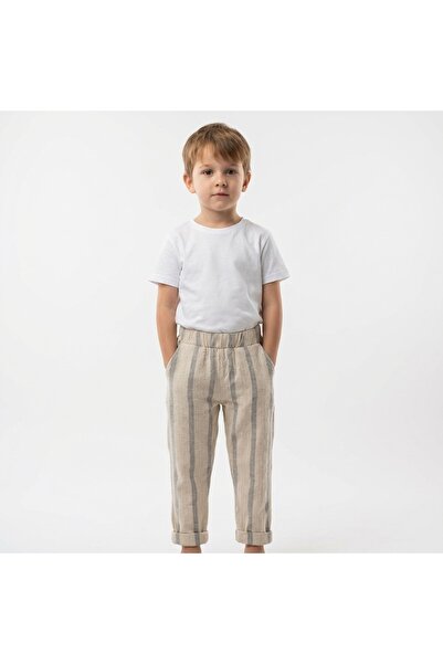 Montisu Αγορίστικο παντελόνι με ειδικό σχέδιο, μπεζ ριγέ βαμβακερό/λινό - Ελα...