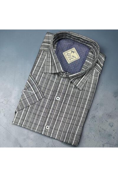 GÖMLEK GALERİSİ Classic Wide Cut Men's Plaid Cotton Short Sleeve Shirt
