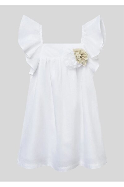 Benetton Κοριτσίστικο λινό φόρεμα με λευκά μανίκια και λεπτομέρεια λουλουδιών