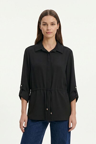 Rays Black Folded Sleeve Waist Drawstring Jacket 261134