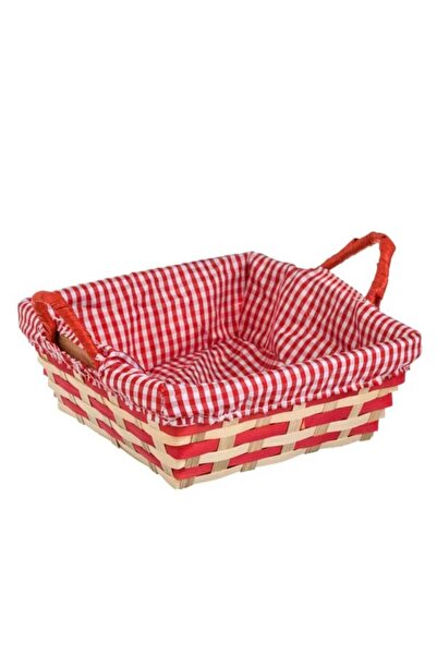 OEM Round Decorative Bamboo Basket Red Beige Checkered Fabric 21x21x8cm