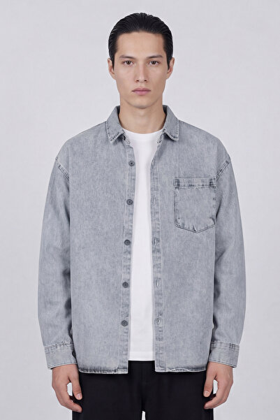 Sabri Özel Light Gray Oversize Cotton Denim Jacket Shirt