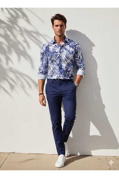 Louis Fabel Large Tropical Leaf Pattern Long Sleeve Men's Shirt