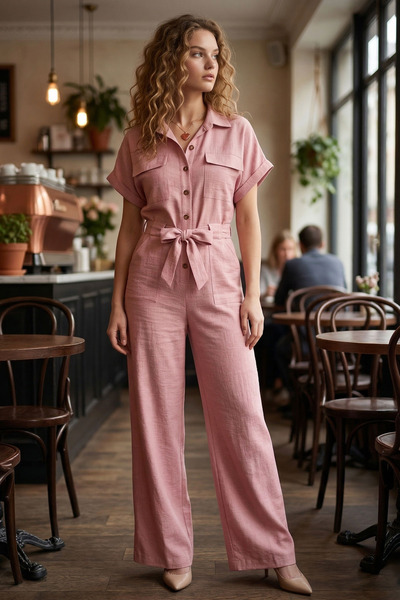 armonika بدلة نسائية وردية اللون بأزرار أمامية وحزام خصر وجيوب وأكمام واسعة A...