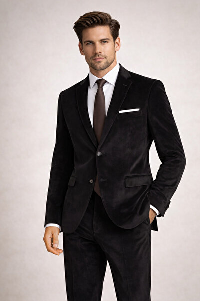 PARLAMENTER Fabio Cassel Erkek Slim Fit Kadife Takım Elbise – Şık, Modern Kes...