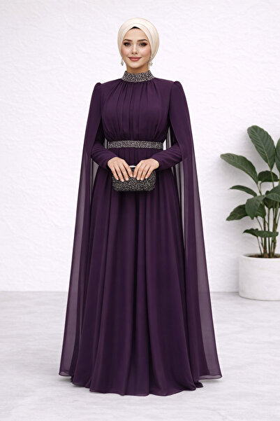 MayaBella Omuzları Pelerinli Taşlı Siyah Tesettür Abiye