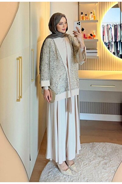 Aryen Sequin Embroidered Triple Sandy Trouser Set