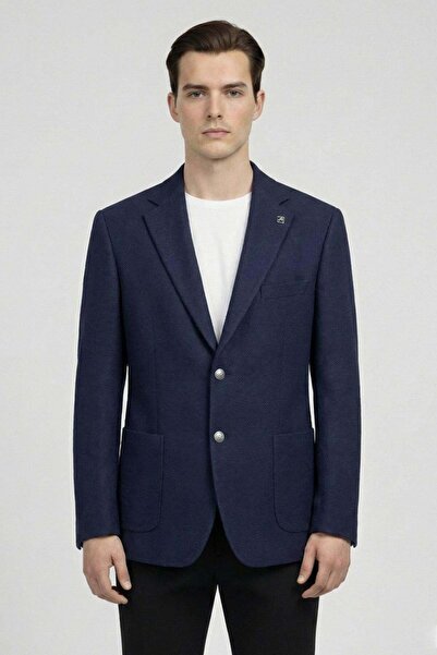 Sabri Özel Navy Blue Slim Fit Wool Blend Mono Collar Patterned Men's Jacket