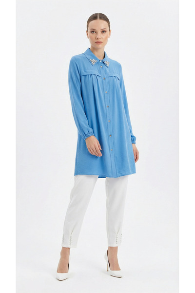 Şeker Portakalım Collar Stone Detailed Long Hijab Shirt Tunic Blue