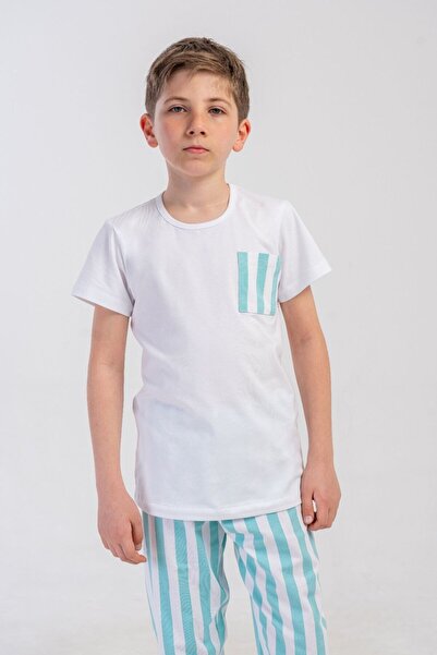 OBJE Boy's White Water Green Pocket Short Sleeve T-Shirt