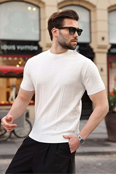 Madmext Tricou alb pentru bărbați, cu gât crew, croială slim, din tricotaje E...