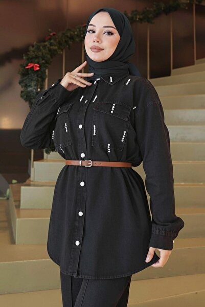 Modamihram Pocketed Stone Detailed Denim Suit Black 19307