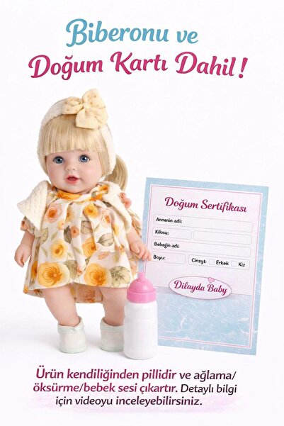 ZİVENTA 30 cm Sesli Oyuncak Et Bebek Biberon/Doğum Kartlı Ağlayan Konuşan Ort...