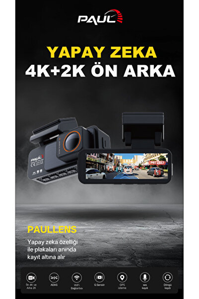 PAULLED 4K Yapay Zekalı Araç Kamerası Ön Arka Plaka Okuma, Hız Göstergesi, Gp...