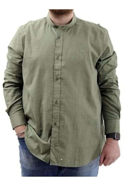 cusseli Large Size Men's Shirt Long Sleeve Lycra Linen Shirt 20385 Khaki