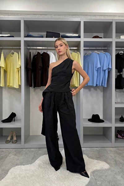 Eka Women's Black Side Belted One-Shoulder Suit 1041-2792