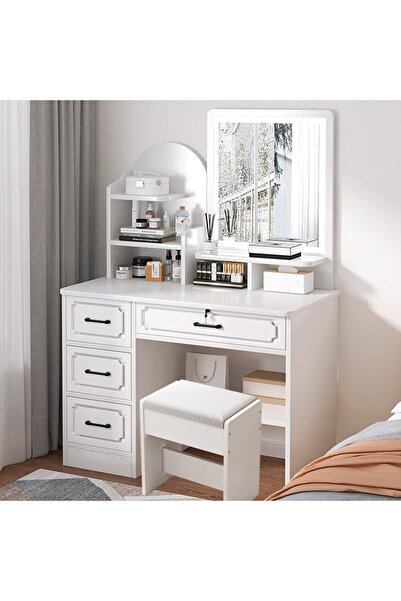 KEKE طاولة مكياج متعددة الوظائف مع مرآة LED وكرسي 80 سم