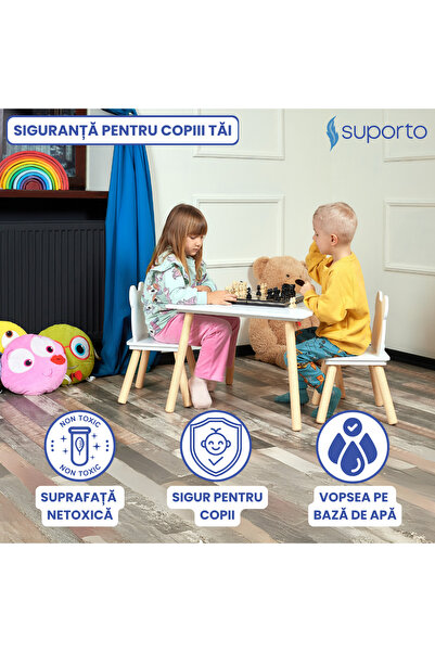 Suporto Set Masa si 2 Scaune pentru Copii din Lemn MDF, Scaun in Forma de Ursulet, Alb