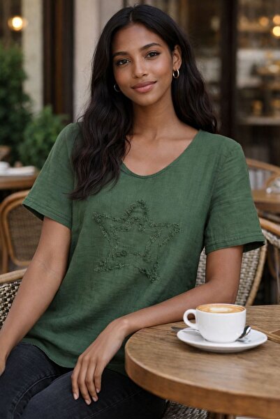 AGORATEKSTİL Women's Organic Muslin Fabric Star Patterned V-Neck Short Sleeve...