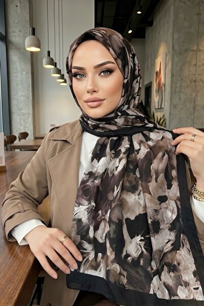 İmajButik شال كراش منقوش من الحرير الأسود بنمط المنك