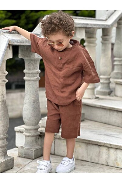 RÜYA KİDS Boy's Summer Muslin Fabric 2-Piece Top and Bottom Set