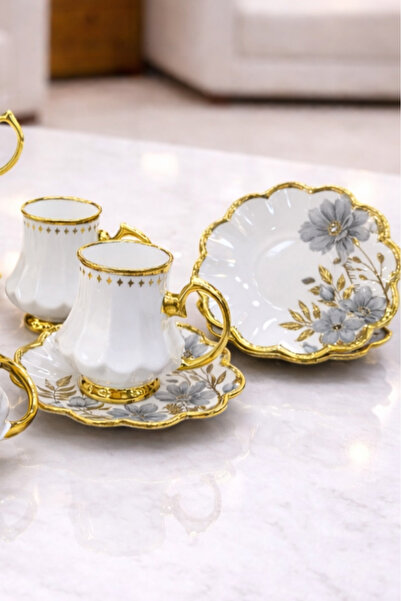 CHANCE GİFT Luxury Coffee Cup Set for 6 People with Footed Gold Gilt Floral P...