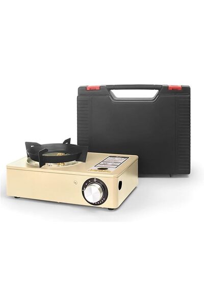 AutoFamily موقد غاز محمول للتخييم مع حقيبة حمل بيج - موقد تخييم خارجي بشعلة و...