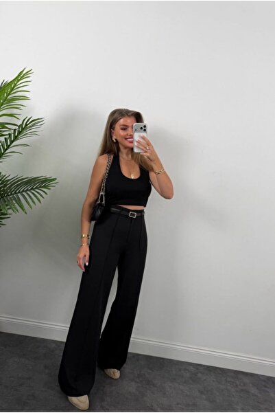 EGELİMODA Black High Waist Ribbed Classic Thin Belted Women's Fabric Palazo P...