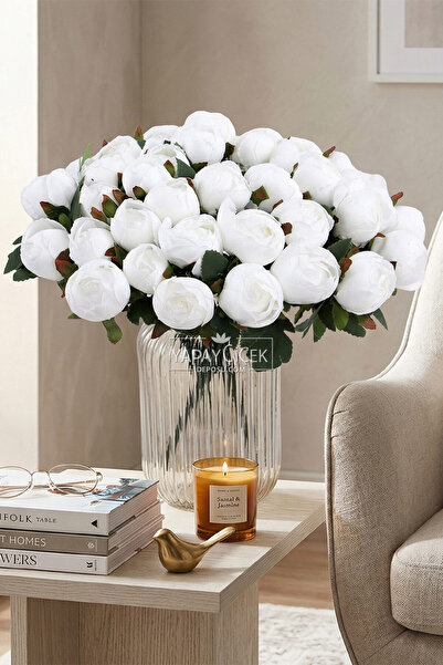 Yapay Çiçek Deposu Artificial Flower 18-Piece Peony Bunch 38 cm White