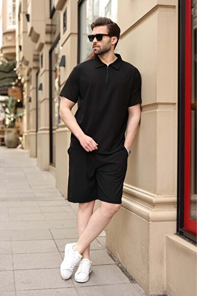 Madmext Black Polo Collar T-Shirt Shorts Set E7363