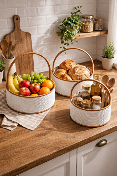 newar 3-Piece Nesting Plastic Rattan Basket Set White Brown with Handle Multi...