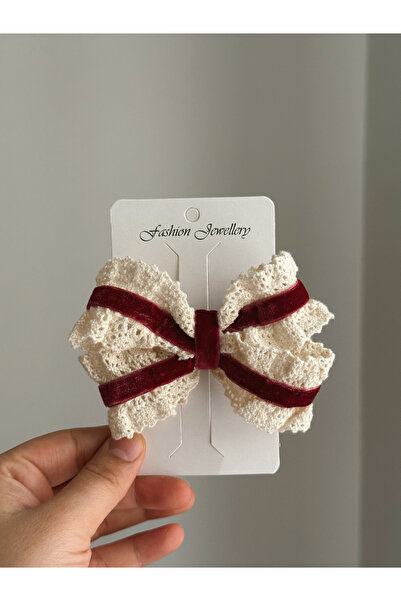 Nur Baby Cataramă cu fundă din catifea burgundă și dantelă ecru – Accesoriu d...