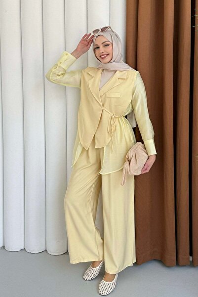 Modaensarbutik Oversize Şifon & Tül Detaylı Ceket Pantolon Tesettür Takım-SARI