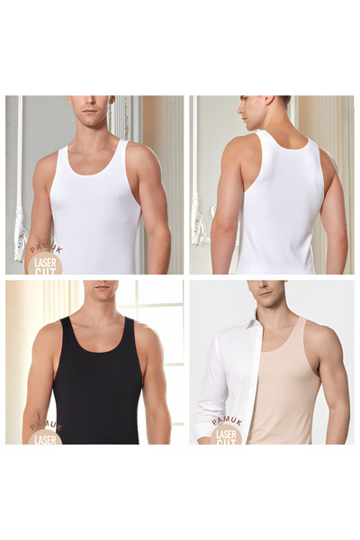 Pimody Men's Laser Cut Non-Marking 3-Piece Undershirt (Black-White-Tan)