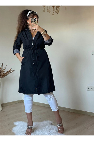 AZRA BUTİK Striped Trench Coat Black