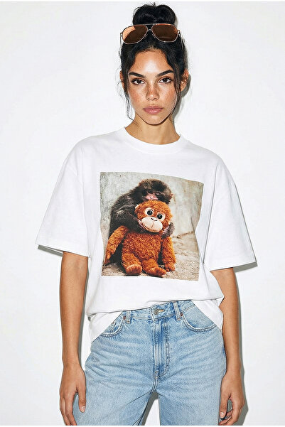 Bianco Lucci Women's 100% Cotton Crew Neck Monkey Punch Printed Oversize T-Sh...