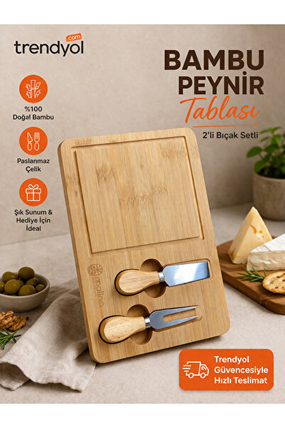 Bambu Peynir Servis Tahtası & 2’li Bıçak Seti (Doğal Ahşap Sunum)