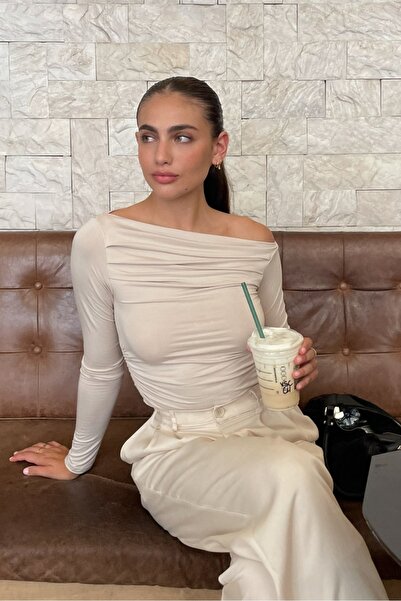 World Fashion Trends Bluză elastică cu mânecă lungă, cu pliuri și șnur, BEJ