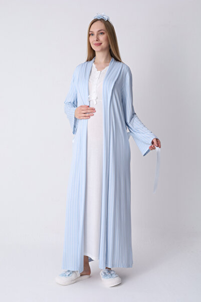 ERDENİZ TEKSTİL Hamile Gecelik ve Sabahlık – Lohusa Gecelik Seti, Çizgili Sab...