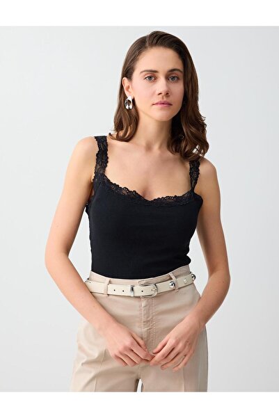 Jimmy Key Μαύρο τετράγωνο γιακά με δαντέλα και λεπτομέρειες, πλεκτό εσώρουχο ...