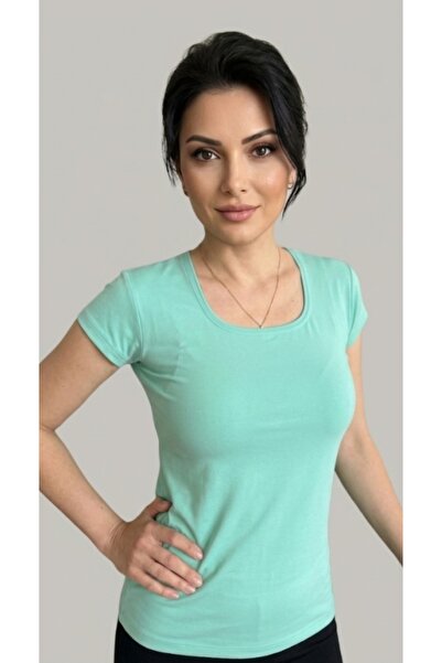 moda felinya KADIN KISA KOLLU KARE YAKA SU YEŞİLİ BODY T-SHIRT