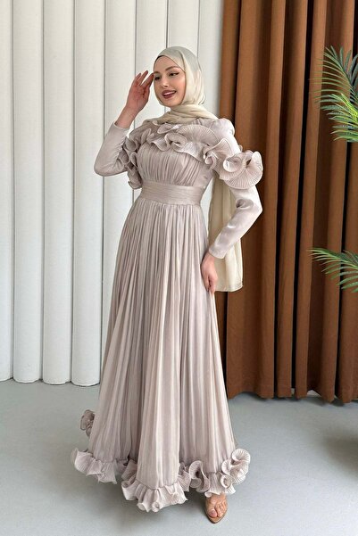 Modaensarbutik Premium Seri Çiçek İşlemeli Tesettür Abiye-TAŞ