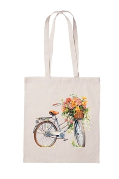 Gamma Print Sacosa din bumbac cu print bicicleta cu flori – cadoul ideal de F...