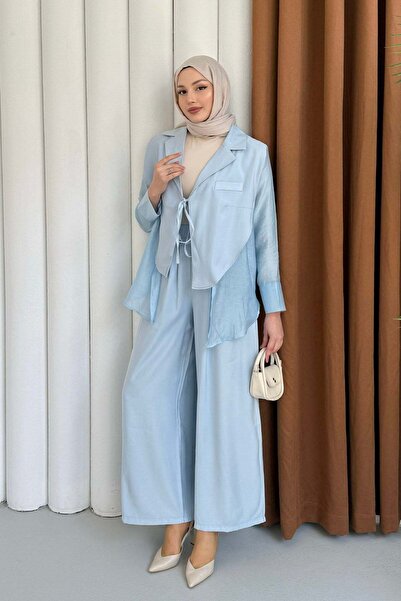 Modaensarbutik Oversize Şifon & Tül Detaylı Ceket Pantolon Tesettür Takım-BEB...